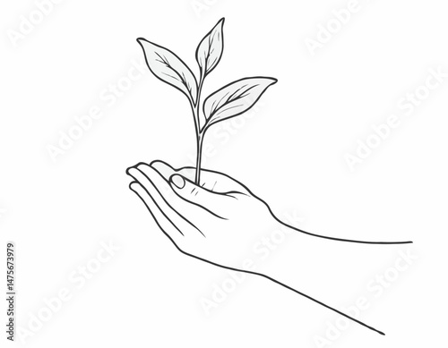 Continuous Line Art of a Hand Holding a Sprout