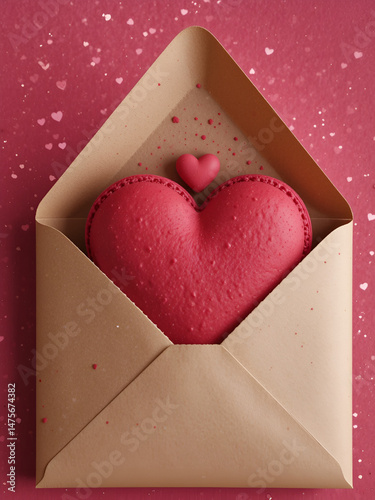 Red Macarons and red shaped hearten an envelope