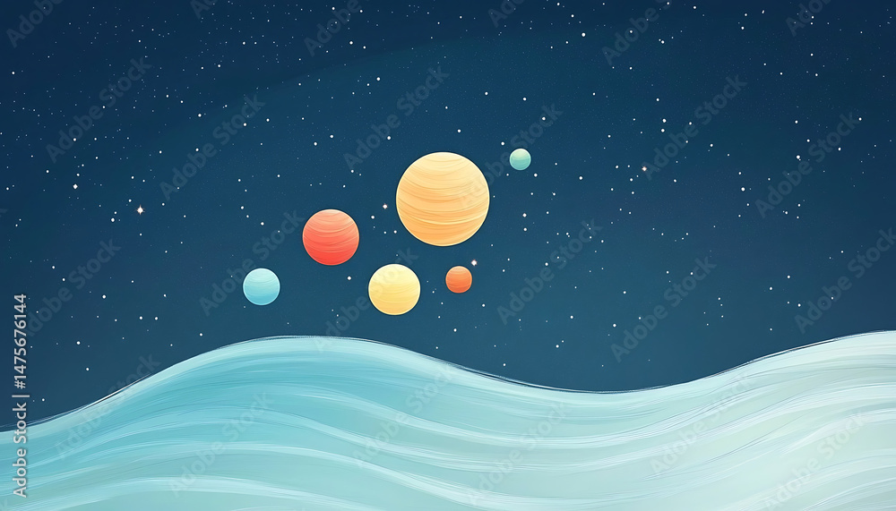 Naklejka premium Planets over Wavy Landscape.