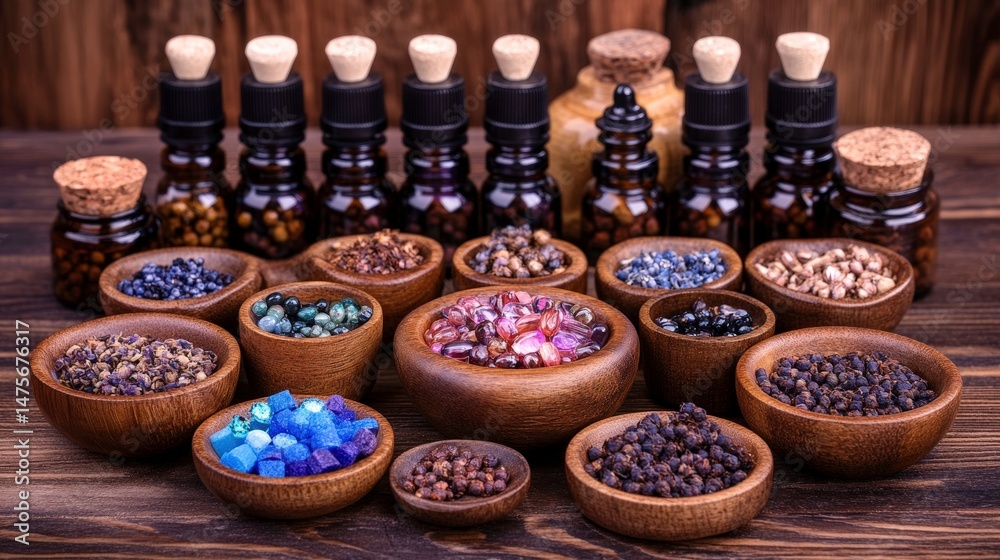 Collection of Colorful Spices, Dried Herbs, and Essential Oil Bottles Arranged on a Rustic Wooden Table with Natural Light for Culinary and Wellness Use