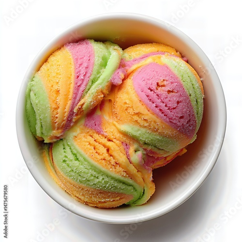 Colorful rainbow sherbet ice cream scoops in bowl top view white background