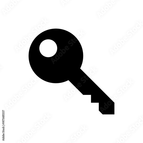 Illustration of a simple black key with a circular head and a stepped shaft on a white background image