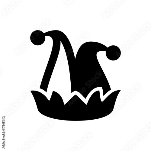 Illustration of a jester hat with two points and bells in solid black color on a white background