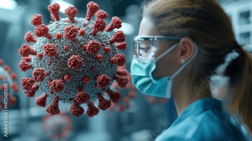 Medical professional in protective gear analyzes a 3D computer-generated model of a coronavirus in a laboratory setting illustrating pandemic research efforts