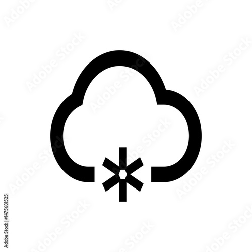 Illustration of a stylized cloud shape with a snowflake symbol positioned below it in a simple black and white design