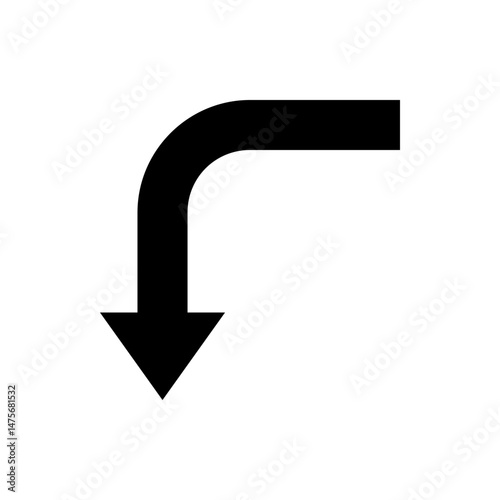 Black arrow curving downwards with a sharp triangular point indicating direction on a white background plain