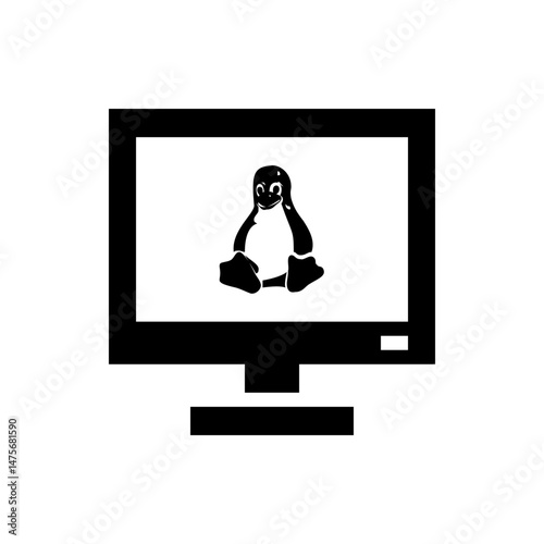 Black and white image of a desktop computer screen displaying the linux penguin logo in the center