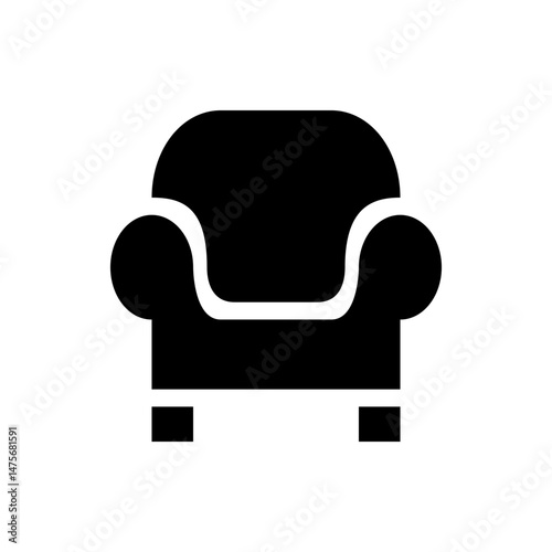Illustration of a black couch with rounded armrests and a cushioned back against a white background space