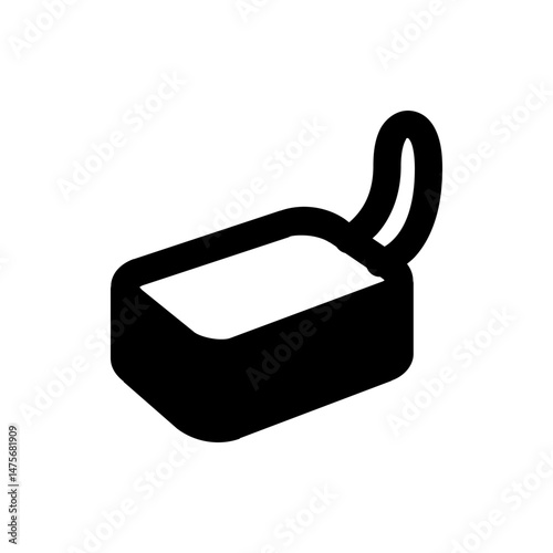 Illustration of a black and white luggage tag with a loop for attaching to baggage or personal items