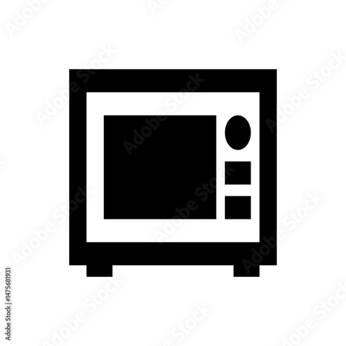 A simple black and white illustration of a microwave oven with a circular control and square display area