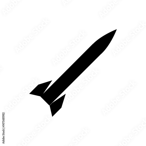 A black and white graphic illustration of a rocket ship with fins pointing diagonally upwards and to the right