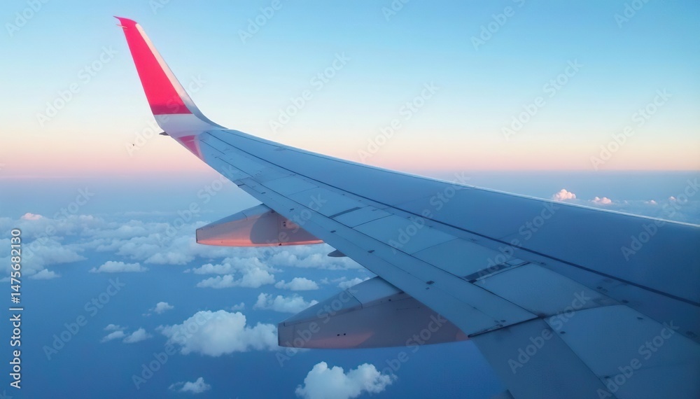 Obraz premium Close-up of airplane wing in flight, showing rivets and wing structure details , blue sky, detail