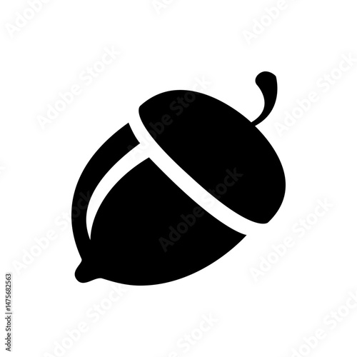 Illustration of a single black acorn with a visible cap and stem in a minimalist style design element