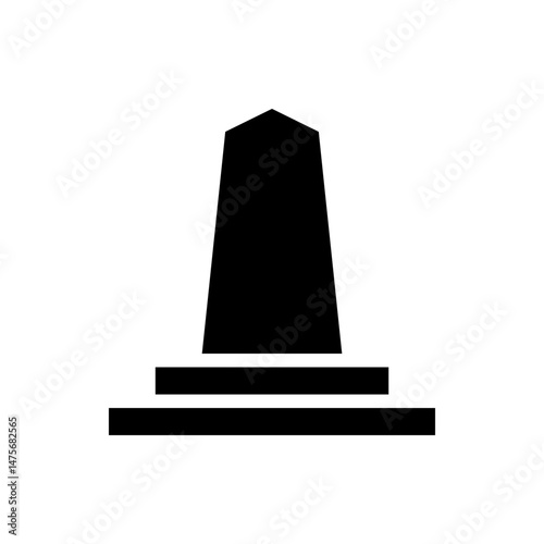Black obelisk silhouette with a pointed top and a stepped base against a white background plain design