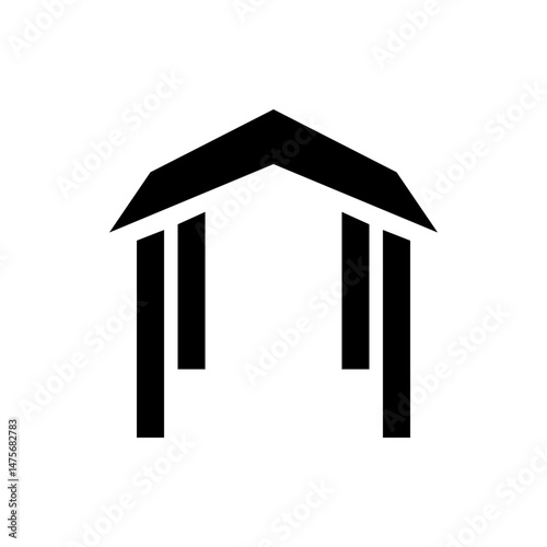 Black and white minimalist illustration of a building facade with three pillars and a roof structure