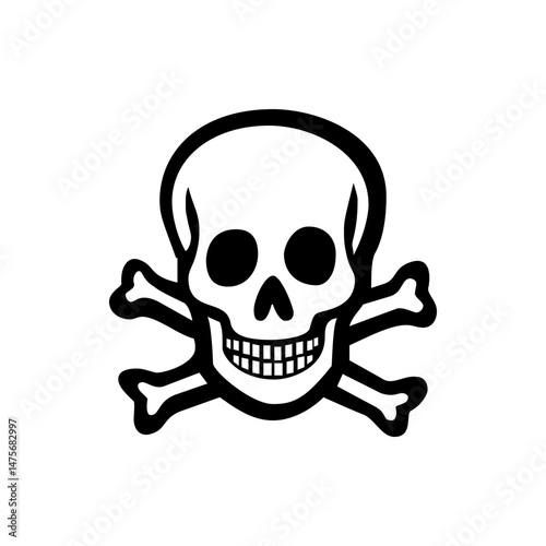 Illustration of a white skull with black outlines and crossed bones beneath it on a white background