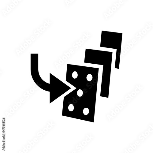 Black arrow pointing to domino with white dots followed by stacked dominoes in a sequence, black and white