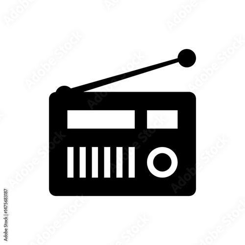 Illustration of a simple black radio receiver with an antenna and a tuning dial on a white background