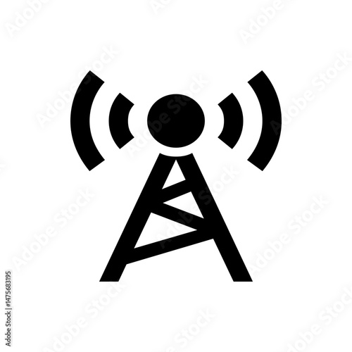 Illustration of a black communication tower with radio waves emanating from the top on white background