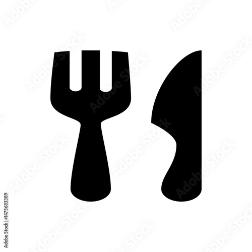 Illustration of a black fork with three tines and a black knife placed side by side on a white background