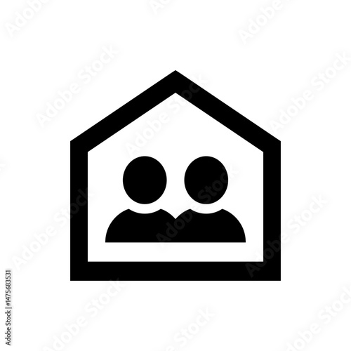 Two stylized figures inside a house shaped frame rendered in black and white simple vector illustration