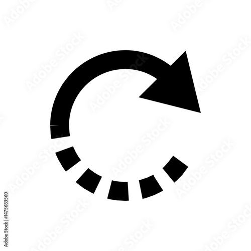 Circular arrow with dashed line indicating rotation or refresh direction in black and white design style