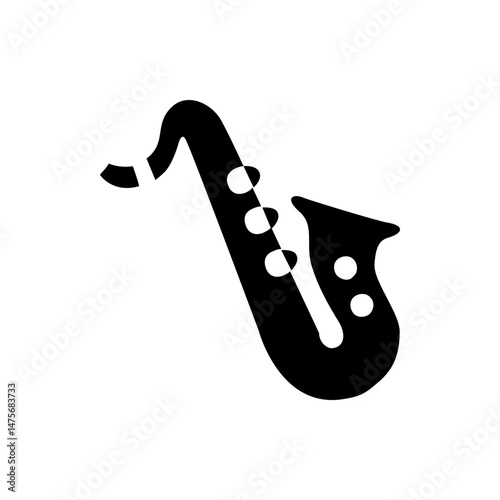 Illustration of a black saxophone with white accents showing the keys and the mouthpiece shape and design