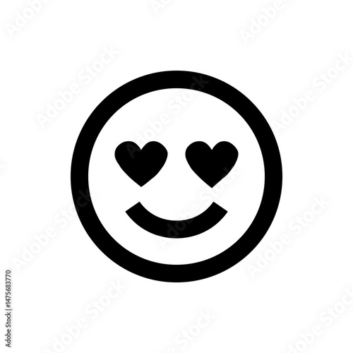 Black and white loving face emoji with heart eyes and a curved smile inside of a circular border design