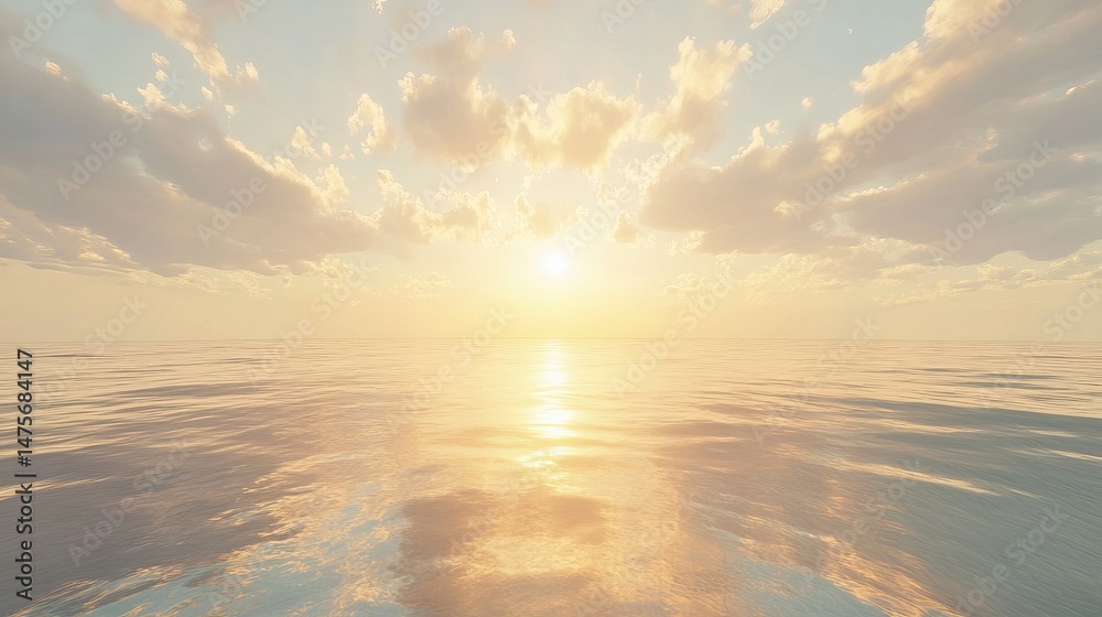 Fototapeta premium Golden hour sky with clouds and sunlight reflecting on the calm water surface creating a serene scene