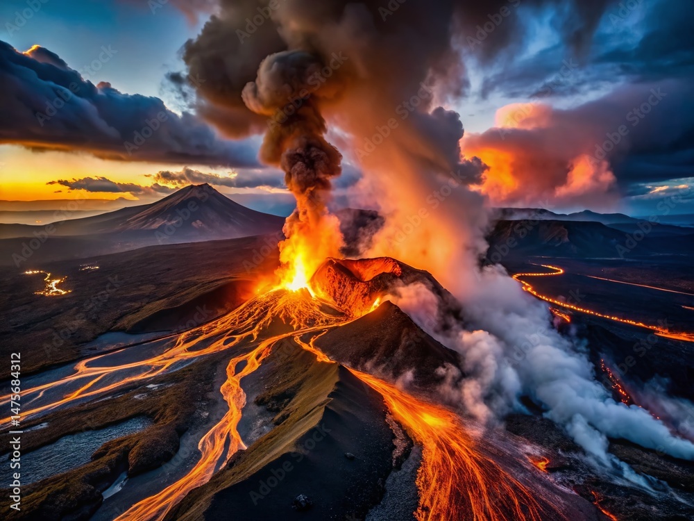 Fototapeta premium Aerial Drone Shot: Volcanic Eruption Lava Flowing Down Mountain Slopes at Night