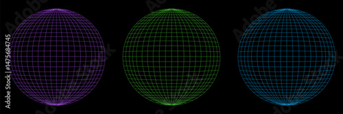 Globe grid spheres. Striped 3D wireframe spheres, geometry globe grid, earth latitude and longitude line grid vector symbols set.