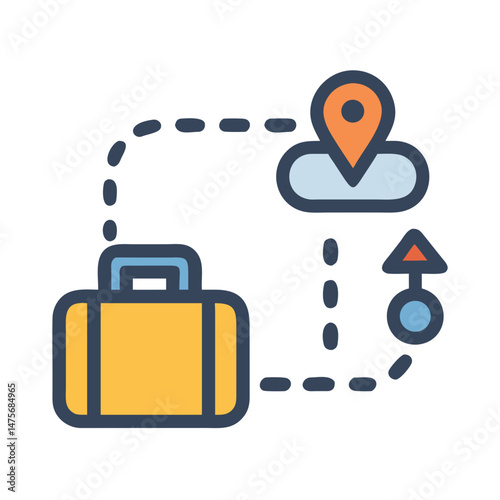 Suitcase, destination, travel path illustration on black background