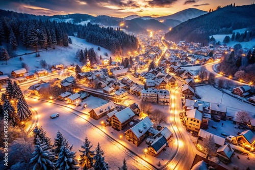 Aerial Night View: Twinkling String Lights Illuminating Cozy Town