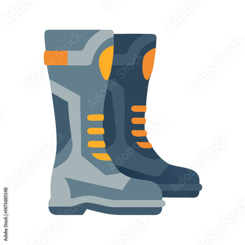 Grey and blue high top boots with orange accents