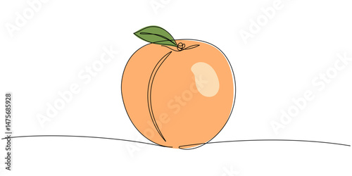 Continuous one line drawing peach. Vector illustration. Black line art on white background with colorful spots. Cartoon peach isolated on white background. Vegan concept Editable stroke
