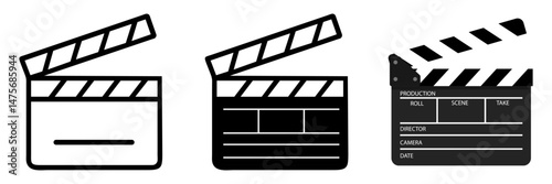 Clapper board vector icon. Opened and closed movie clapper film clap board. Movie, cinema, film symbol concept. Director clapboard. Filmmaking, video production industry equipment.