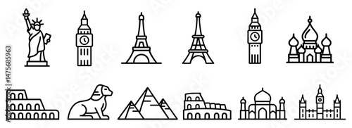 Icons set of top tourist attractions, historical buildings, towers, monuments, statues, sculptures and modern architecture