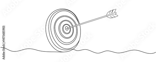 Arrow on target line continuous drawing vector. Arrow on target icon. Continuous outline of Arrow on target. Arrows on targets linear design. Editable stroke