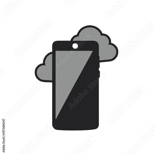 Greyscale vector icon of smartphone connected to two cloud symbols, representing mobile cloud computing, multi cloud services, data sync, or storage