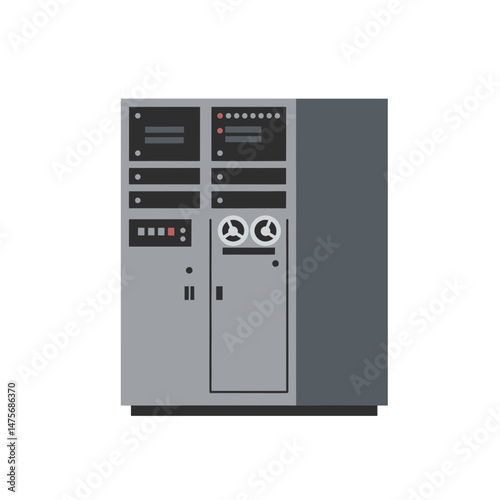 Vector illustration of a vintage mainframe computer or retro server cabinet with reel-to-reel tape drive, representing historical computing and data storage