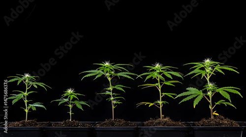 Cannabis plant growth stages, from seedling to flowering, against black background; ideal for botany or cultivation studies