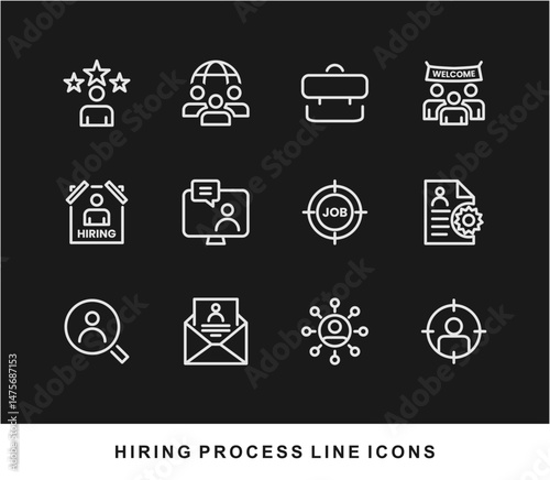 Hiring Process Line Icons. Recruitment, Job Application, Interview, Candidate Selection Vector Set