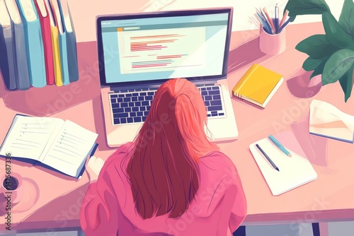 Online Learning: A student attending an online class at home, with a laptop, notebook, and study materials around photo