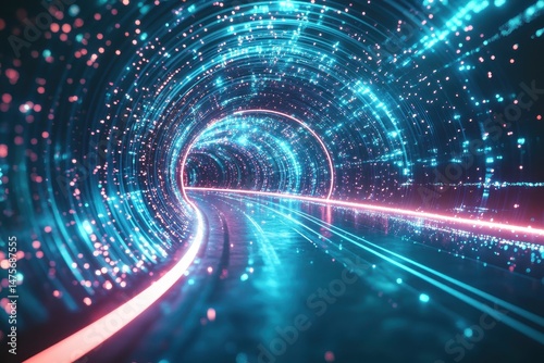 Glowing neon tunnel with digital particles