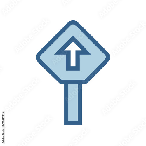 Blue diamond road sign with straight ahead arrow