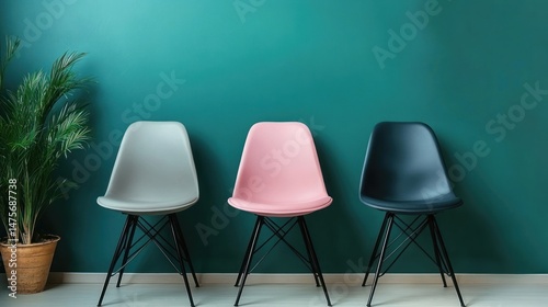 Three Stylish Chairs Against a Teal Wall