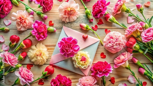 Aerial View: Mother's Day Cards, Hearts & Carnations