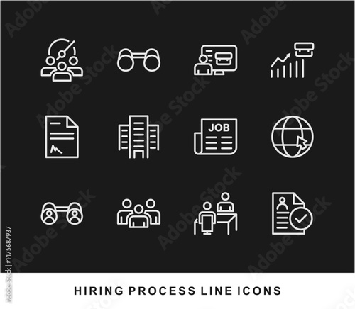 Hiring Process Line Icons. Recruitment, Job Application, Interview, Candidate Selection Vector Set