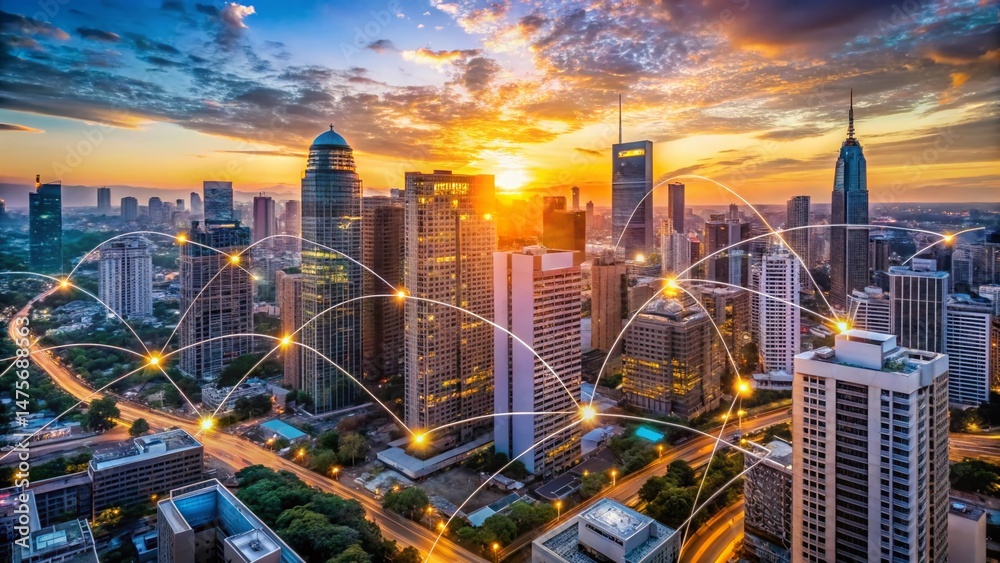 Fototapeta premium Aerial View of Diverse Business Network, Connecting Global Companies via Digital Marketing Channels