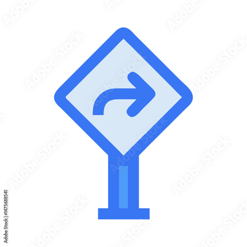 Right turn ahead road sign, blue and white